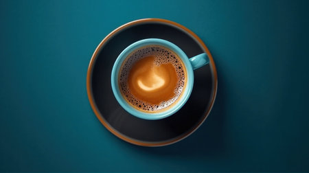 A cup of espresso coffee on a saucer background using dark blue color. top viewの素材