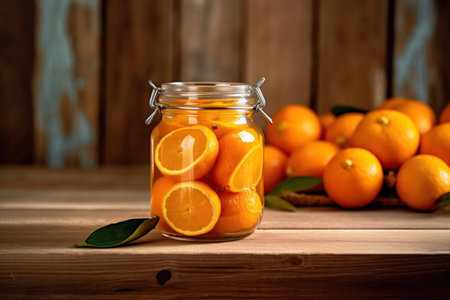A jar with canned orange and fresh oranges on a wooden table, Canned oranges.の素材