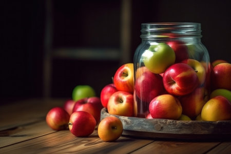 A jar with canned apples and fresh apples on wooden table, Canned apples.の素材