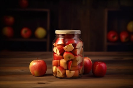 A jar with canned apples and fresh apples on wooden table, Canned apples.の素材