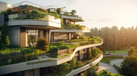 A modern residential district with green roof and balcony.の素材