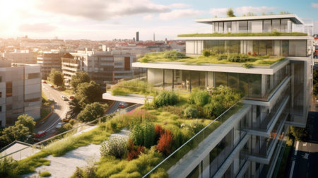 A modern residential district with green roof and balcony.の素材