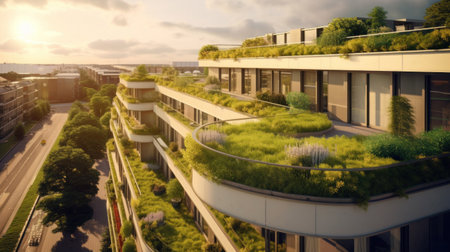 A modern residential district with green roof and balcony.の素材