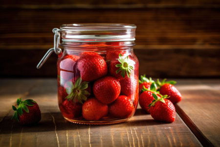 A jar with canned strawberries and fresh strawberries on a wooden table, Canned strawberries.の素材