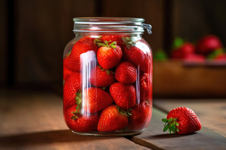 A jar with canned strawberries and fresh strawberries on a wooden table, Canned strawberries.の素材