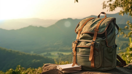A large green backpack and a book under a tree, overlooking a peaceful mountain landscape at sunrise. Tourist resting placeの素材