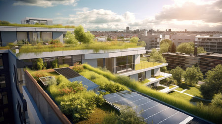 A modern residential district with green roof and balcony.の素材
