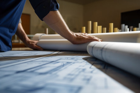 Architect reviews and unrolls blueprints on a table in a modern office space.の素材