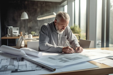 Architect reviews and unrolls blueprints on a table in a modern office space.の素材