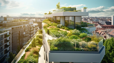 A modern residential district with green roof and balcony.の素材