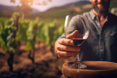 A sommelier who is spinning a glass containing red wine, and in the background is the vineyard from which this wine was produced.の素材