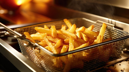 Close-up of Cooking french fries in a kitchen deep fryer.の素材