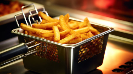 Close-up of Cooking french fries in a kitchen deep fryer.の素材