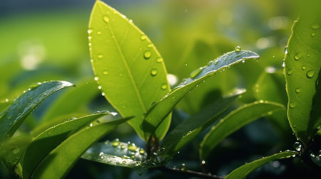 Close-up of Fresh green tea leaves glisten with dew against a backdrop of a misty, sunlit tea plantation.の素材