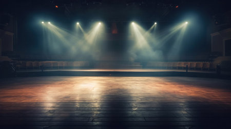 Empty stage lit by spotlights with atmospheric haze.の素材