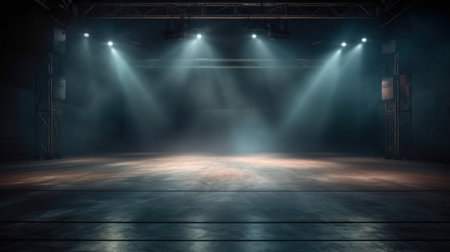 Empty stage lit by spotlights with atmospheric haze.の素材