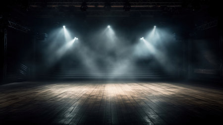 Empty stage lit by spotlights with atmospheric haze.の素材
