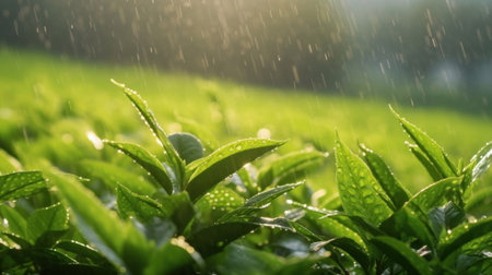 Close-up of Fresh green tea leaves glisten with dew against a backdrop of a misty, sunlit tea plantation.の素材