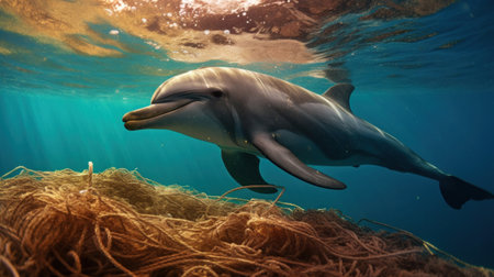 marine life affected by human waste, dolphin caught in a fishing net.の素材