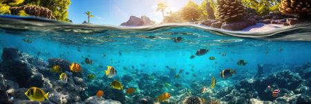 Marine life, Vibrant underwater scene with a school of tropical fish swimming among colorful coral under the dappled sunlight of the ocean surface.の素材