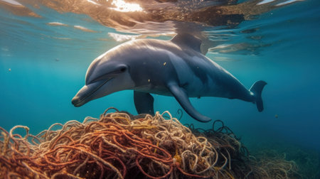 marine life affected by human waste, dolphin caught in a fishing net.の素材