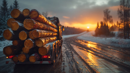 A trailer truck carrying wooden logs, Stack of wooden logs in big trailer vehicle.の素材