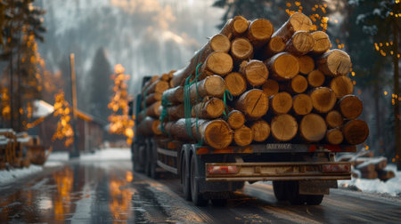 A trailer truck carrying wooden logs, Stack of wooden logs in big trailer vehicle.の素材