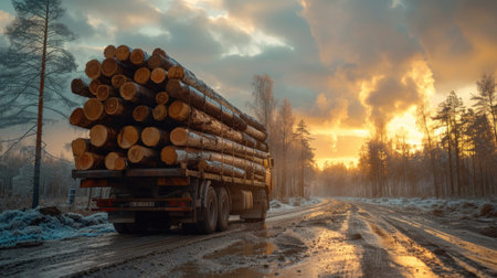 A trailer truck carrying wooden logs, Stack of wooden logs in big trailer vehicle.の素材
