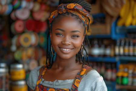 African seller retail home office shop. Small SME owner young adult woman Gen Z people happy smile pride look at cameraの素材