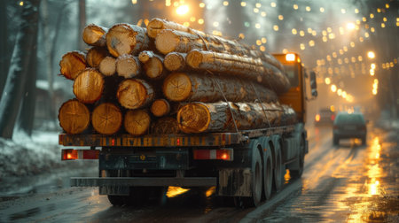 A trailer truck carrying wooden logs, Stack of wooden logs in big trailer vehicle.の素材