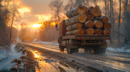 A trailer truck carrying wooden logs, Stack of wooden logs in big trailer vehicle.の素材