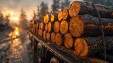 A trailer truck carrying wooden logs, Stack of wooden logs in big trailer vehicle.の素材