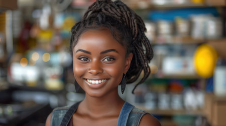 African seller retail home office shop. Small SME owner young adult woman Gen Z people happy smile pride look at cameraの素材