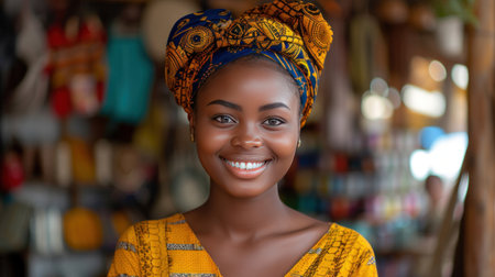 African seller retail home office shop. Small SME owner young adult woman Gen Z people happy smile pride look at cameraの素材