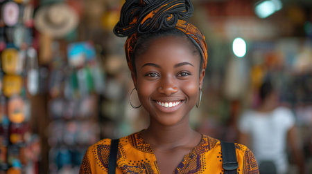 African seller retail home office shop. Small SME owner young adult woman Gen Z people happy smile pride look at cameraの素材