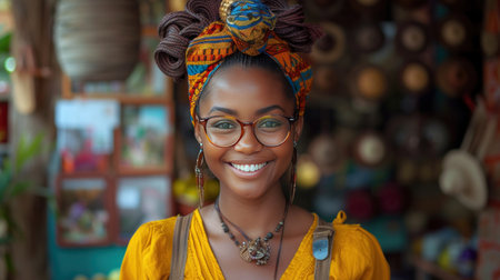 African seller retail home office shop. Small SME owner young adult woman Gen Z people happy smile pride look at cameraの素材
