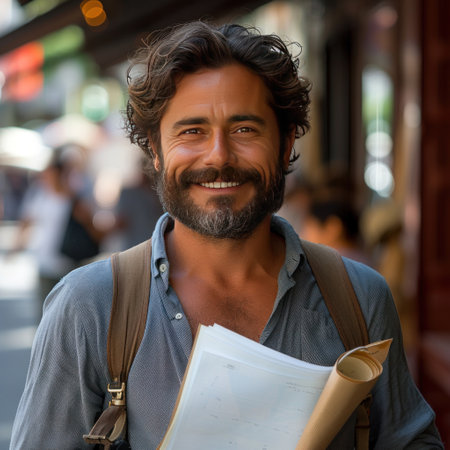 Attractive Latino businessman holding documents in his hands with a happy smile and a bearded head.の素材