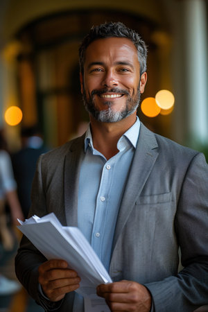 Attractive Latino businessman holding documents in his hands with a happy smile and a bearded head.の素材
