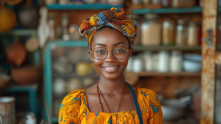 African seller retail home office shop. Small SME owner young adult woman Gen Z people happy smile pride look at cameraの素材