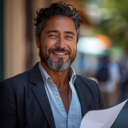 Attractive Latino businessman holding documents in his hands with a happy smile and a bearded head.の素材