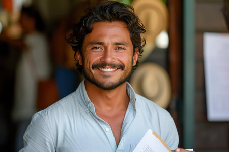 Attractive Latino businessman holding documents in his hands with a happy smile and a bearded head.の素材