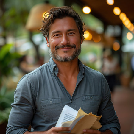 Attractive Latino businessman holding documents in his hands with a happy smile and a bearded head.の素材