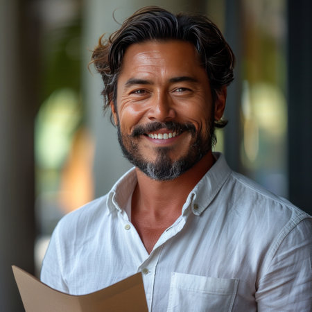 Attractive Latino businessman holding documents in his hands with a happy smile and a bearded head.の素材