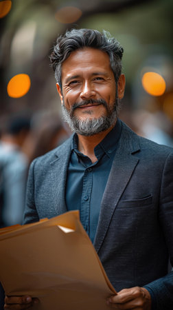 Attractive Latino businessman holding documents in his hands with a happy smile and a bearded head.の素材