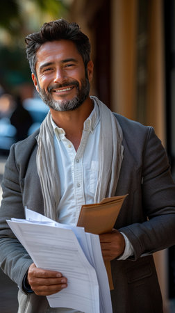 Attractive Latino businessman holding documents in his hands with a happy smile and a bearded head.の素材