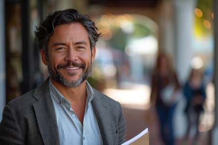 Attractive Latino businessman holding documents in his hands with a happy smile and a bearded head.の素材