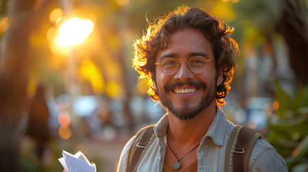 Attractive Latino businessman holding documents in his hands with a happy smile and a bearded head.の素材