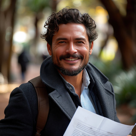 Attractive Latino businessman holding documents in his hands with a happy smile and a bearded head.の素材