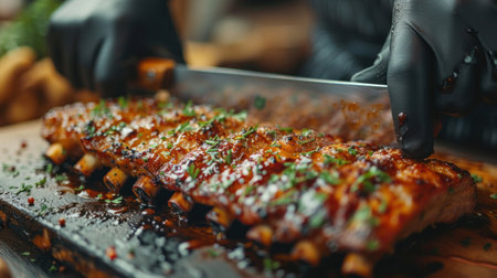 Close-up hand of A chef in black cooking gloves uses a knife to cut smoked pork ribs.の素材