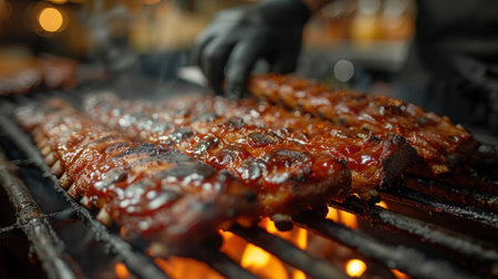 Close-up hand of A chef in black cooking gloves uses a knife to cut smoked pork ribs.の素材